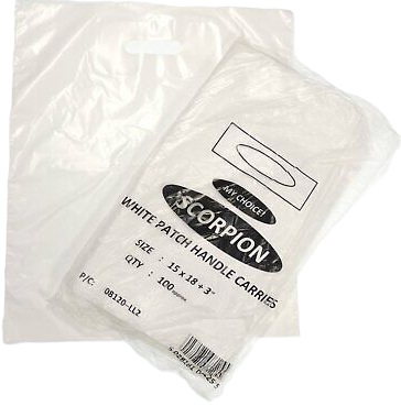 Carrier Bags, with Patch Handle 15 x 18 + 3 'Scorpion', White, 500's