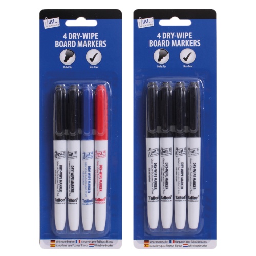 Markers, Dry-Wipe Assorted Colours &/or all Black, 4's