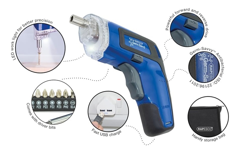 Screwdriver, Germ-Savvy Antibacterial Cordless 3.6V, Blue