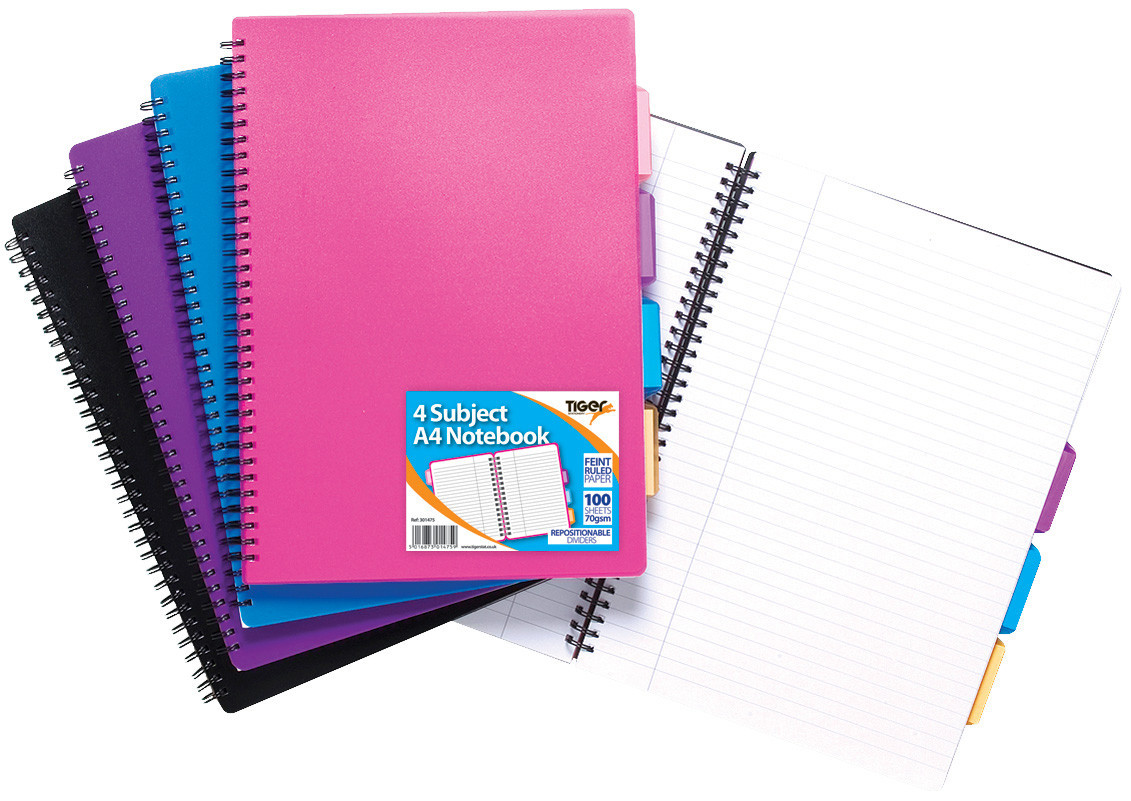 Notebooks, A4, Subject, Twin Wire Polypropylene Cover, 4 Part, Assorted