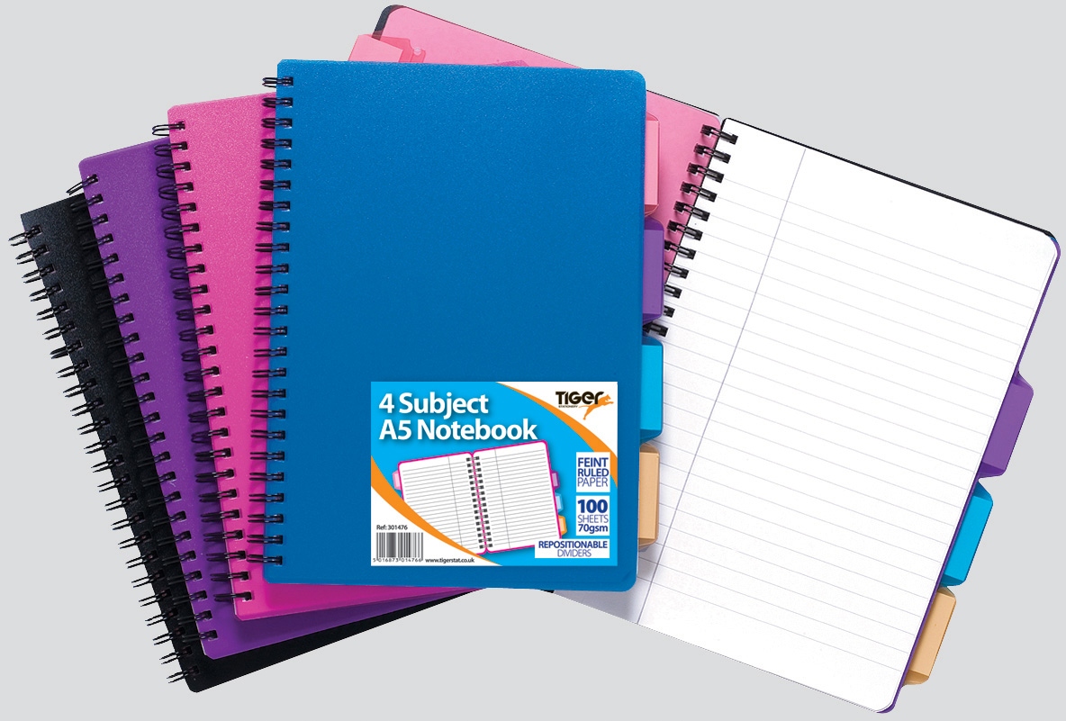 Notebooks, A5, Subject, Twin Wire Polypropylene Cover, 4 Part, Assorted