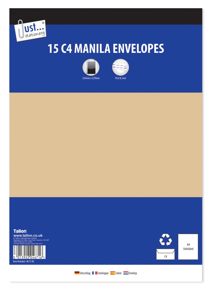 Envelopes 15 x C4 Manila, Peal & Seal, 80gsm