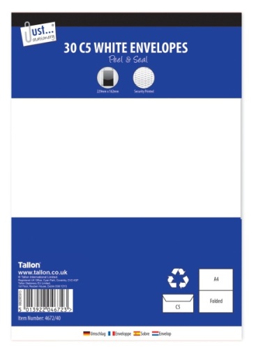 Envelopes, C5 White, Peal & Seal, 80gsm, 30's