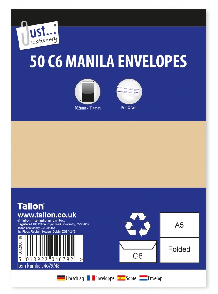 Envelopes, C6 Manilla, Peal & Seal, 80gsm, 50's