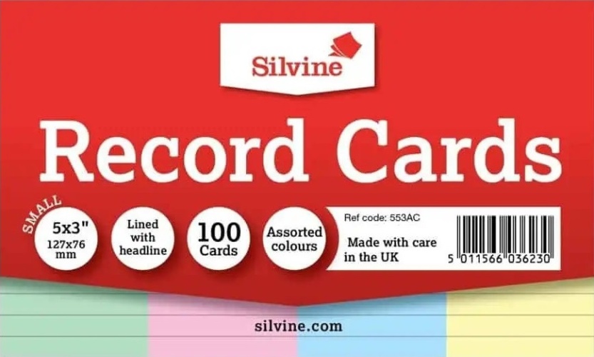 Record Cards, 5 x 3 Coloured Ruled 100's