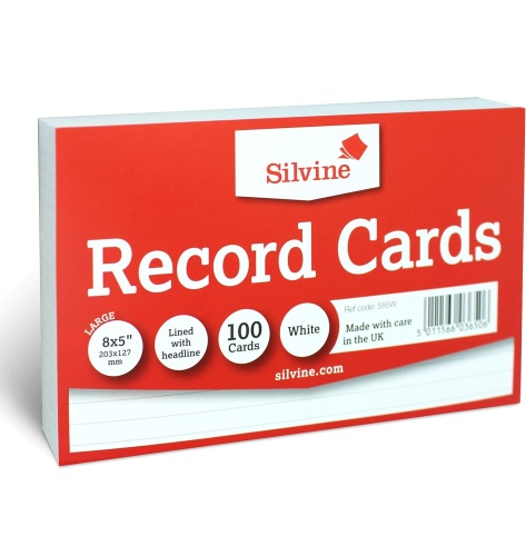 Record Cards, 8 x 5 White Ruled 100's