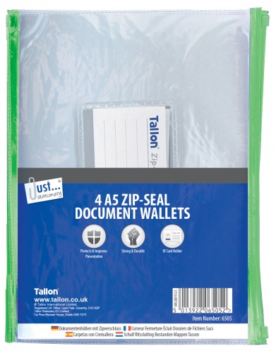 A5 Zip Top Document Wallets, 4's