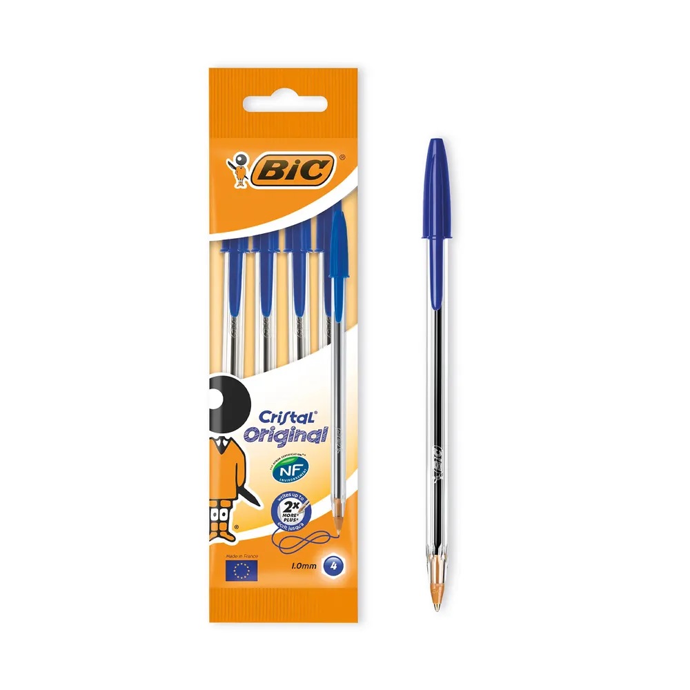 Pens, BIC Cristal Ball Pen, Blue, 4 in Hanging Pouch