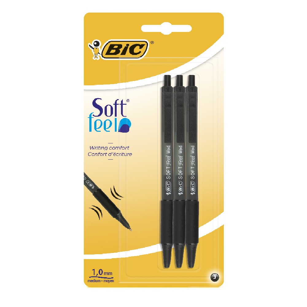 Pens, BIC Clic Soft Feel Grip Black, 3's