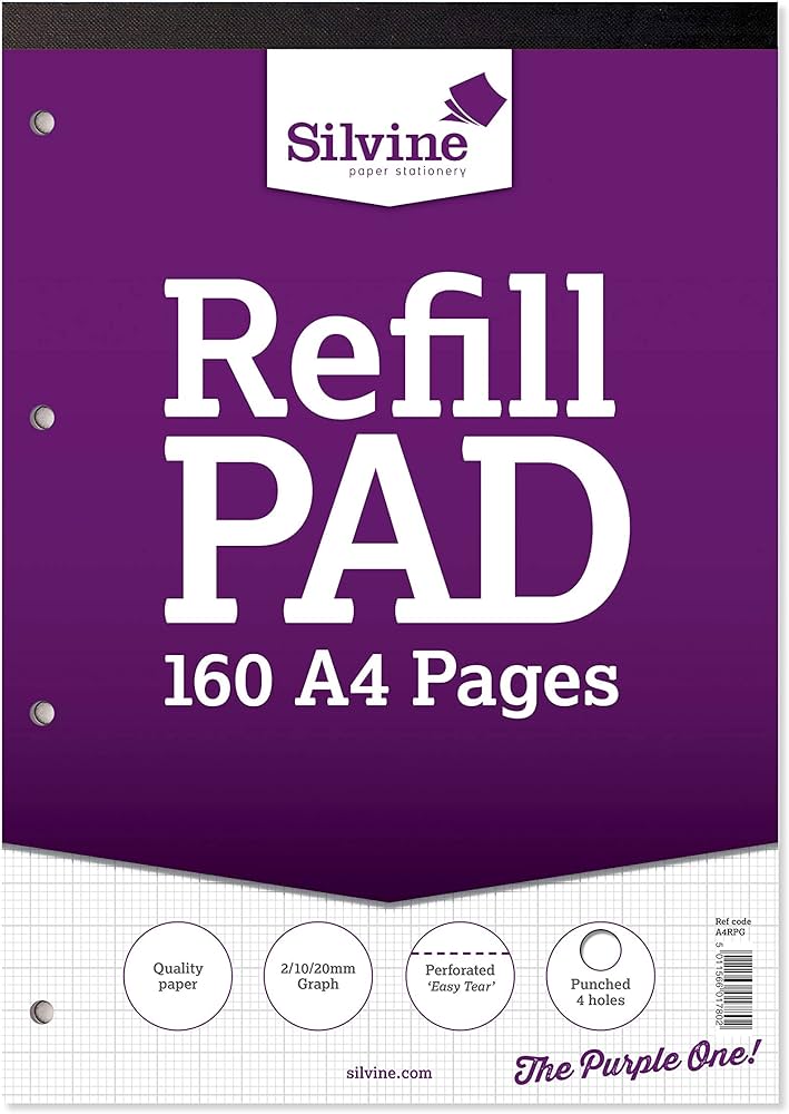 A4 Refill Pad, Silvine 160 pages, 2,10,20mm Graph (Purple cover)