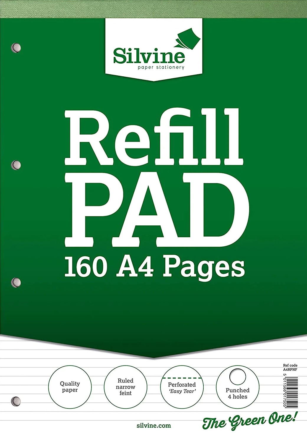 A4 Refill Pad, Silvine 160 pages, Narrow Feint (Green cover)