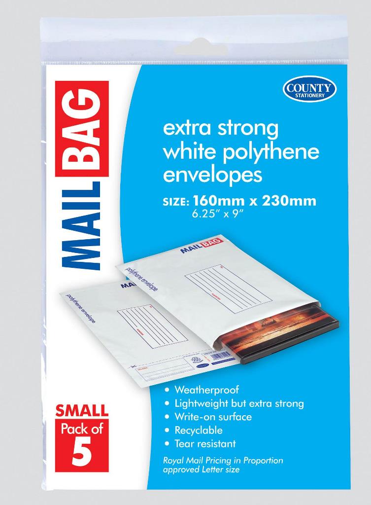 County Polythene Mail Bag, Small 5's, 160 x 230mm