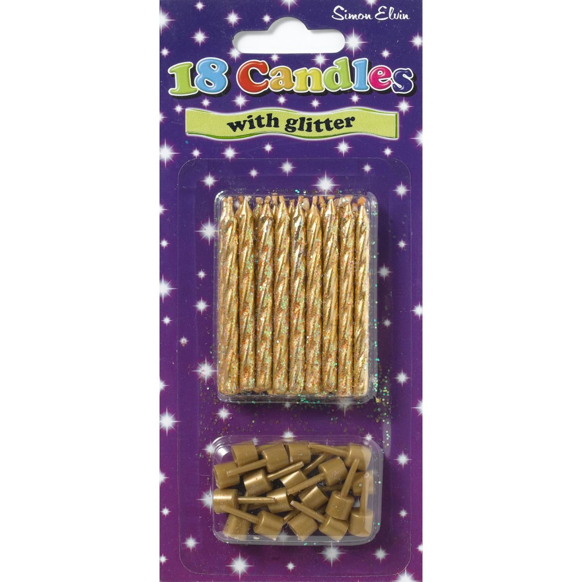 Candles, Spiral Gold Glitter with Holder, 18's
