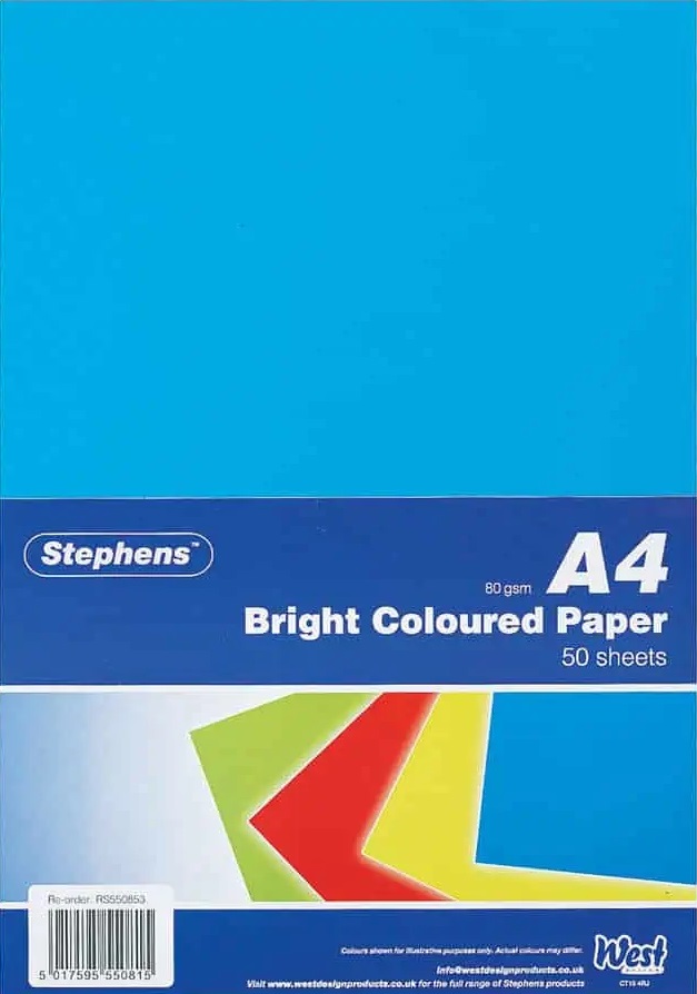 Paper, A4, Stephens Bright Coloured Paper, 50 Sheets