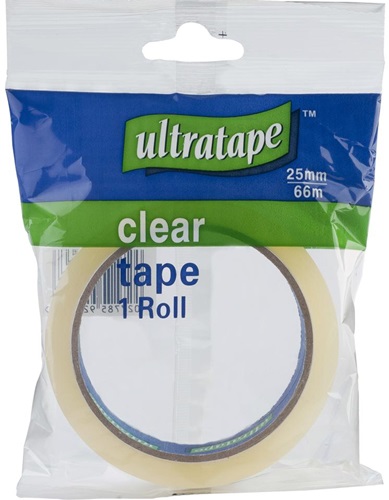 Tape, 25mm x 66m, Ultratape, Clear, Display of 12