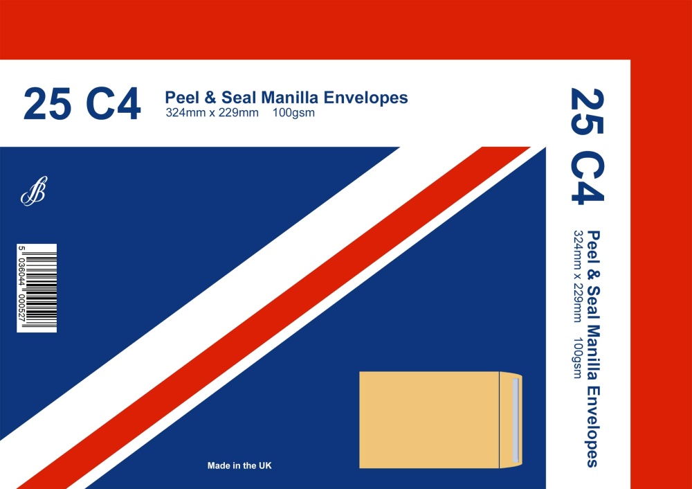 Envelopes, C4 (229 x 324mm), Manilla Peel & Seal 100gsm, 25's