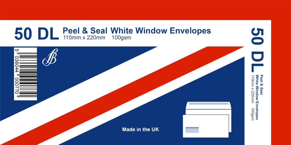 Envelopes, DL (110x220mm) White Peel & Seal Window 100gsm, 50's