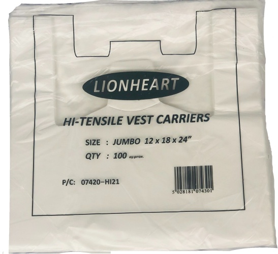 Carrier Bags, 12 x 18 x 24 'Lionheart', White, 1000's