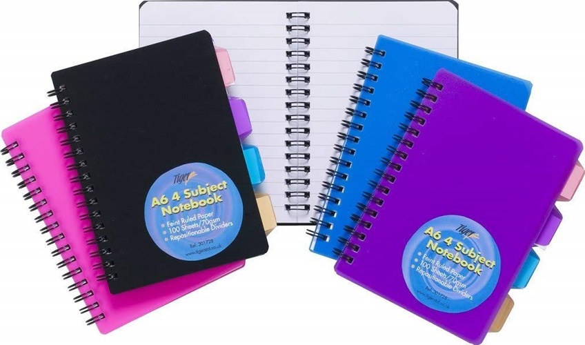 Notebooks, A6, Subject, Twin Wire Polypropylene Cover, 4 Part, Assorted