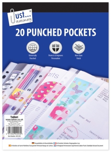 Punched pockets, A4, Plastic, Clear, 20's