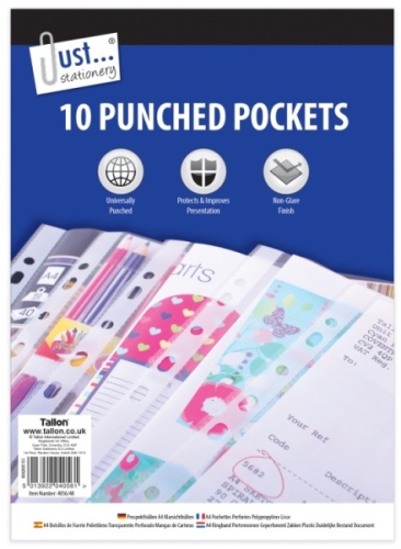 Punched pockets, A4, Plastic, Clear, 10's