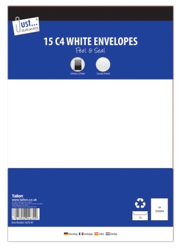 Envelopes, C4 White, Peal & Seal, 80gsm, 15's