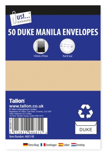 Envelopes, Duke, Manilla, Peal & Seal, 80gsm, 50's