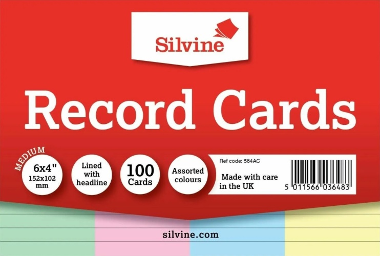 Record Cards, 6 x 4 Coloured Ruled 100's