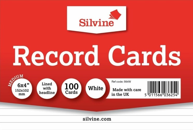 Record Cards, 6 x 4 White Ruled 100's