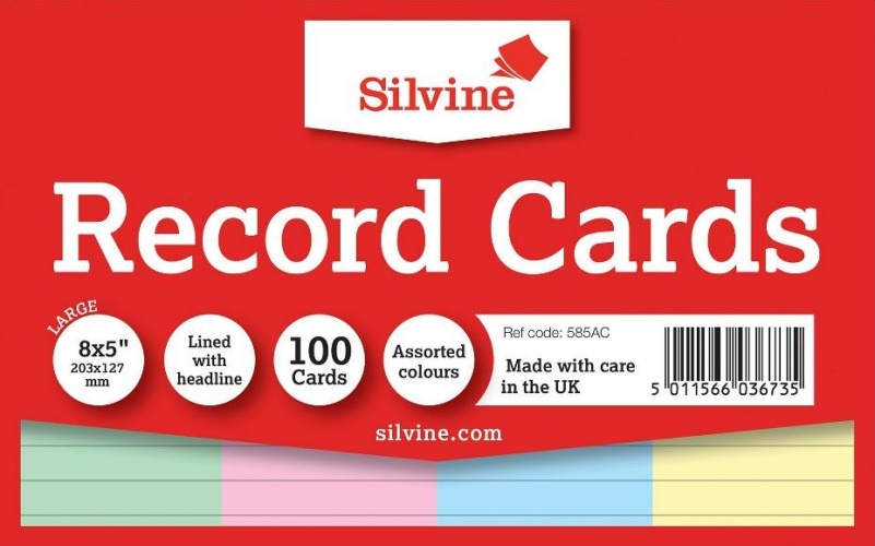 Record Cards, 8 x 5 Coloured Ruled 100's