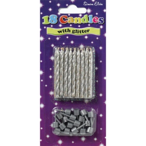 Candles, Spiral Silver Glitter with Holder, 18's