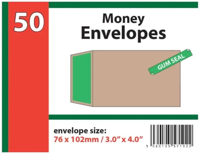 Envelopes, 76 x 102mm, Manilla/Brown Money Envelopes (85gsm) 50's